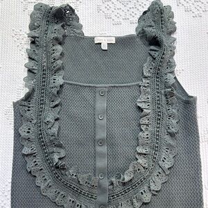 Sleeveless Ruffle-Trim Knit Tank Slate Green barely worn